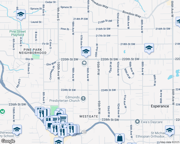 map of restaurants, bars, coffee shops, grocery stores, and more near 22205 96th Avenue West in Edmonds