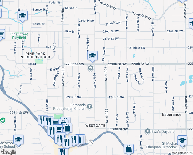 map of restaurants, bars, coffee shops, grocery stores, and more near 22205 96th Avenue West in Edmonds