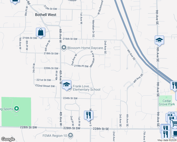 map of restaurants, bars, coffee shops, grocery stores, and more near 22010 Meridian Avenue South in Bothell