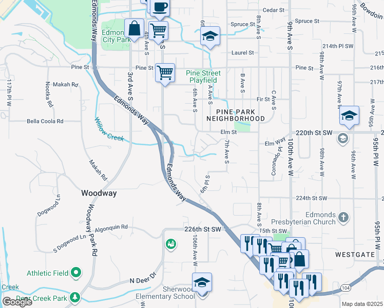 map of restaurants, bars, coffee shops, grocery stores, and more near 617 Elm Place in Edmonds