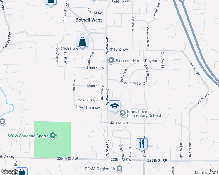 map of restaurants, bars, coffee shops, grocery stores, and more near 21916 3rd Place West in Bothell
