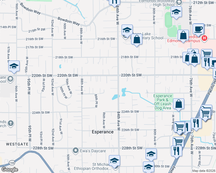 map of restaurants, bars, coffee shops, grocery stores, and more near 8422 220th Place Southwest in Edmonds