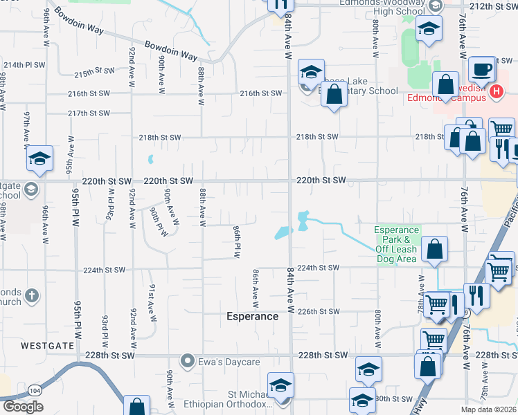 map of restaurants, bars, coffee shops, grocery stores, and more near 8528 220th Street Southwest in Edmonds