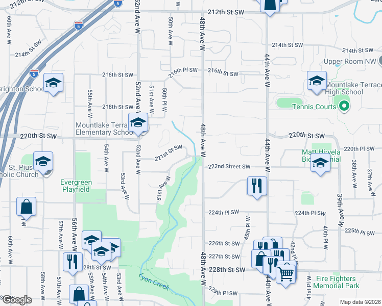 map of restaurants, bars, coffee shops, grocery stores, and more near 4803 221st Street Southwest in Mountlake Terrace