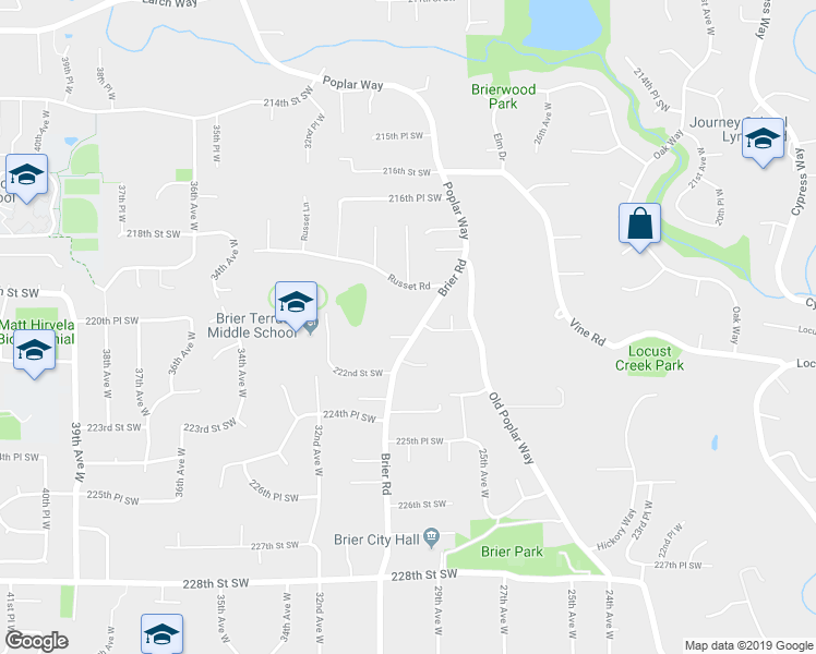 map of restaurants, bars, coffee shops, grocery stores, and more near 22004 Brier Road in Brier