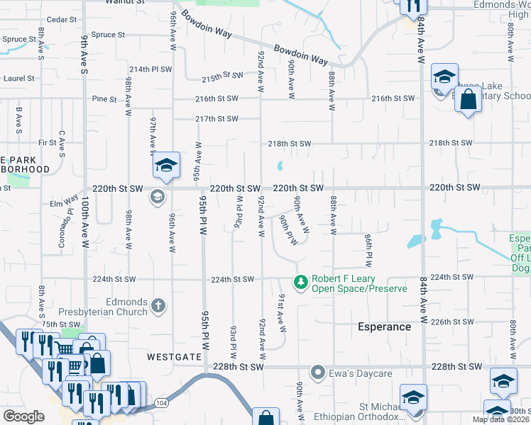 map of restaurants, bars, coffee shops, grocery stores, and more near 9125 221st Street Southwest in Edmonds