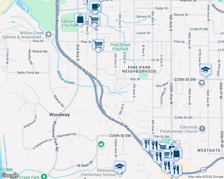 map of restaurants, bars, coffee shops, grocery stores, and more near 1220 6th Avenue South in Edmonds