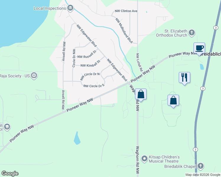map of restaurants, bars, coffee shops, grocery stores, and more near 25923 Northwest Vuemor Court in Poulsbo