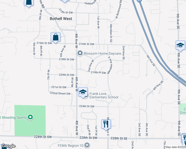map of restaurants, bars, coffee shops, grocery stores, and more near 21911 1st Place West in Bothell