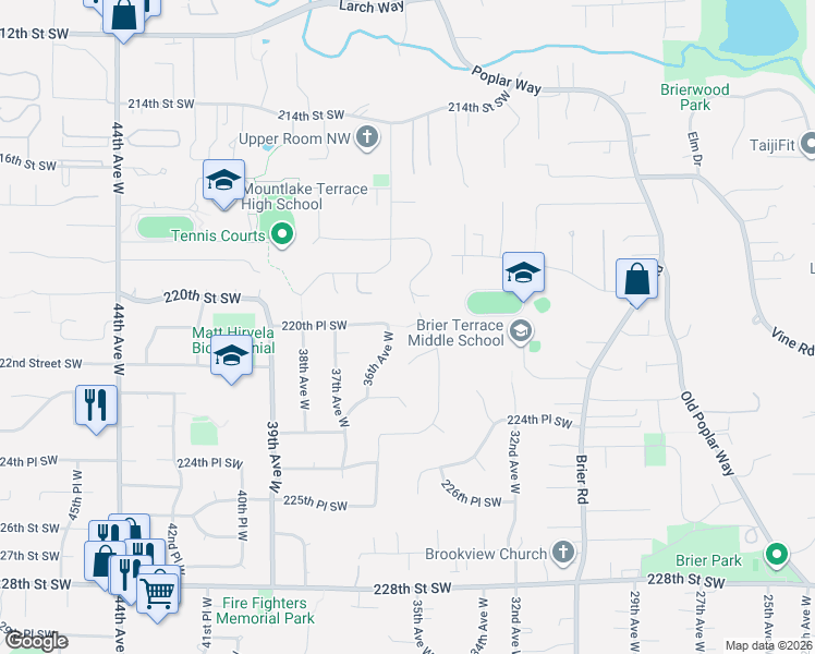 map of restaurants, bars, coffee shops, grocery stores, and more near 4103 220th Place Southwest in Brier
