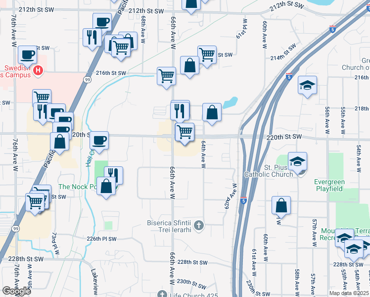 map of restaurants, bars, coffee shops, grocery stores, and more near in Mountlake Terrace