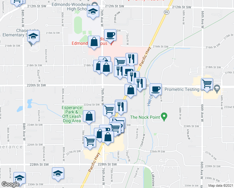 map of restaurants, bars, coffee shops, grocery stores, and more near 22020 Highway 99 in Edmonds