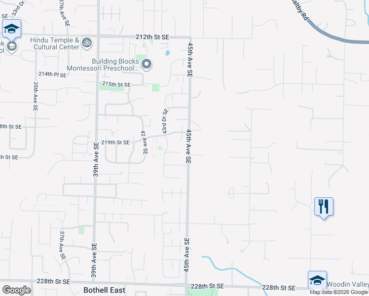 map of restaurants, bars, coffee shops, grocery stores, and more near 4427 219th Place Southeast in Bothell