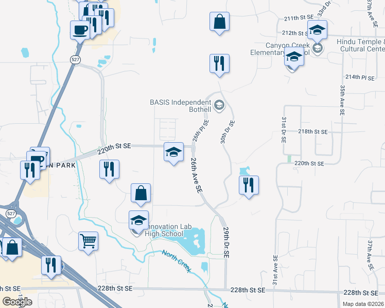 map of restaurants, bars, coffee shops, grocery stores, and more near 18504 26th Avenue Southeast in Bothell