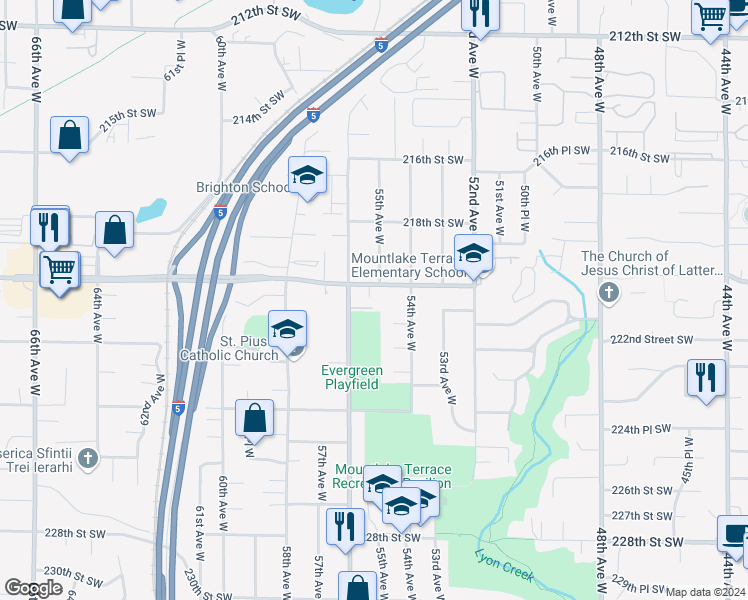 map of restaurants, bars, coffee shops, grocery stores, and more near 5502 220th Street Southwest in Mountlake Terrace