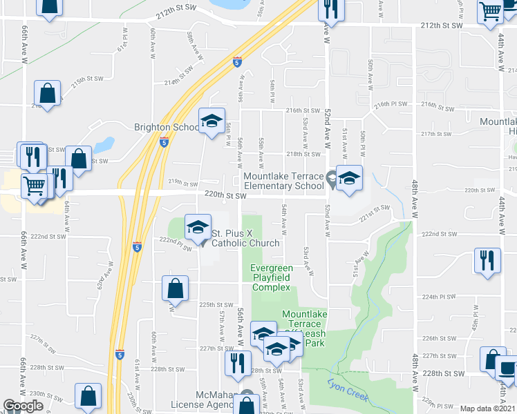 map of restaurants, bars, coffee shops, grocery stores, and more near 5502 220th Street Southwest in Mountlake Terrace