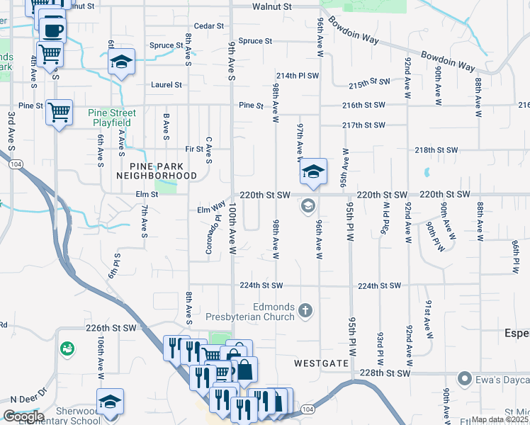 map of restaurants, bars, coffee shops, grocery stores, and more near 22024 98th Place West in Edmonds