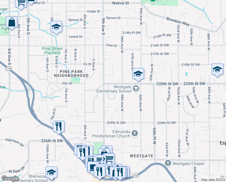 map of restaurants, bars, coffee shops, grocery stores, and more near 22024 98th Place West in Edmonds