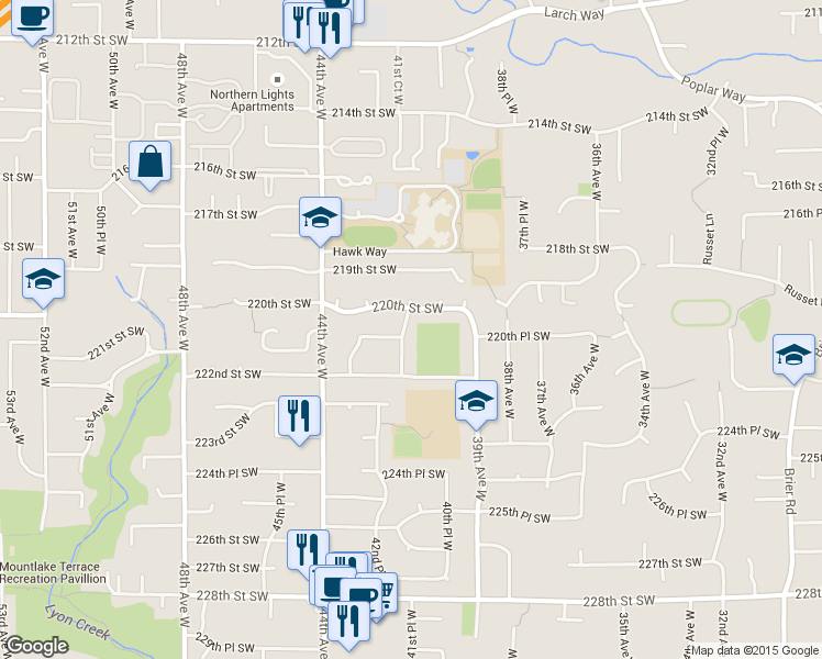 map of restaurants, bars, coffee shops, grocery stores, and more near 22101 42nd Avenue West in Mountlake Terrace