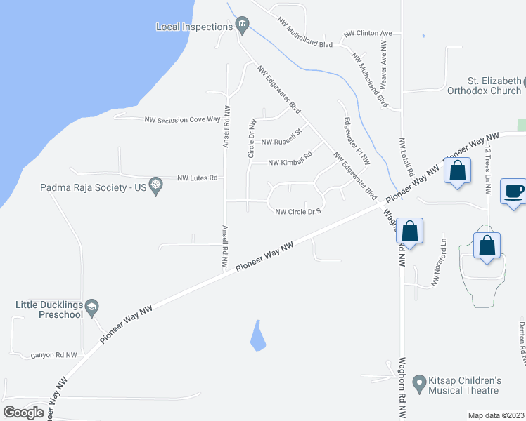 map of restaurants, bars, coffee shops, grocery stores, and more near 26003 Northwest Circle Drive South in Poulsbo