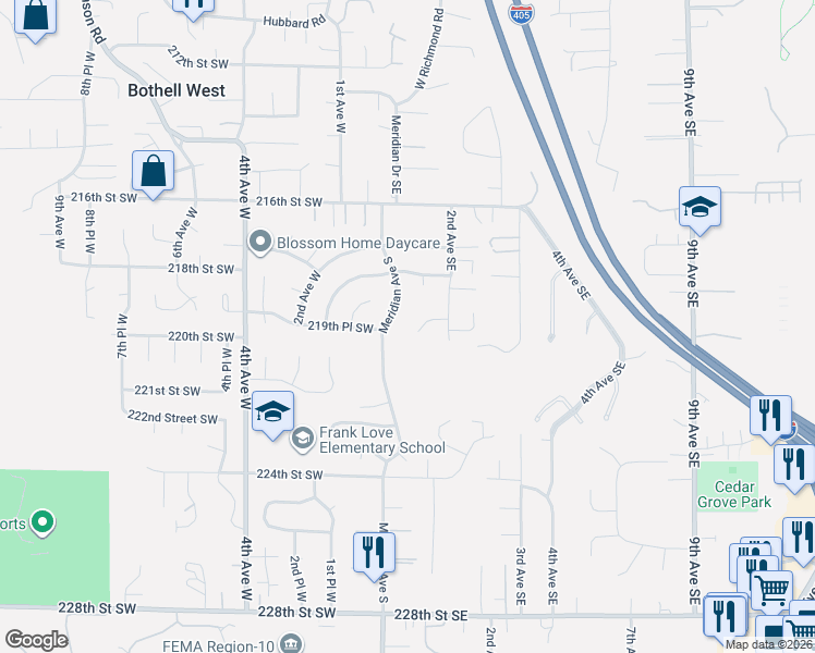map of restaurants, bars, coffee shops, grocery stores, and more near 103 219th Place Southwest in Bothell