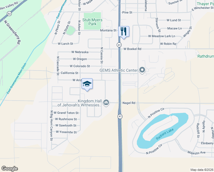 map of restaurants, bars, coffee shops, grocery stores, and more near 13951 Cassia Street in Rathdrum