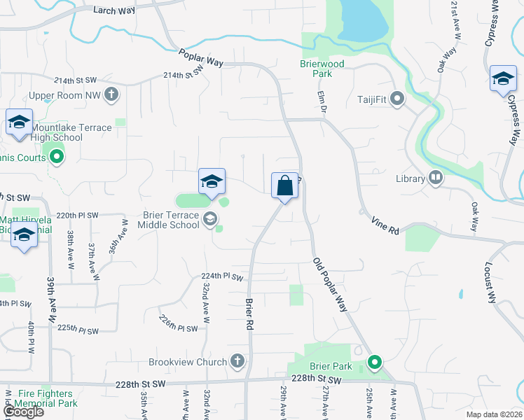 map of restaurants, bars, coffee shops, grocery stores, and more near 22008 Brier Road in Brier