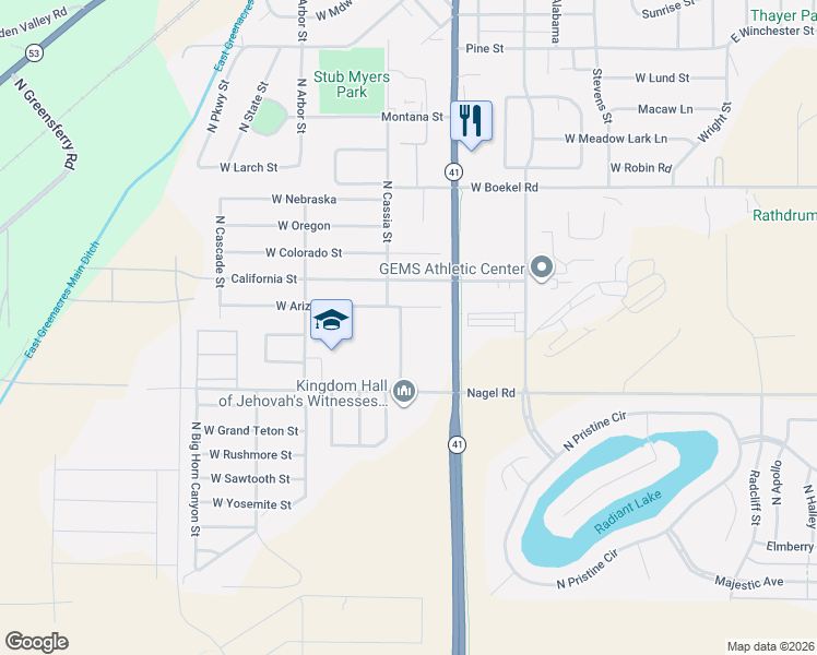 map of restaurants, bars, coffee shops, grocery stores, and more near 13951 Cassia Street in Rathdrum