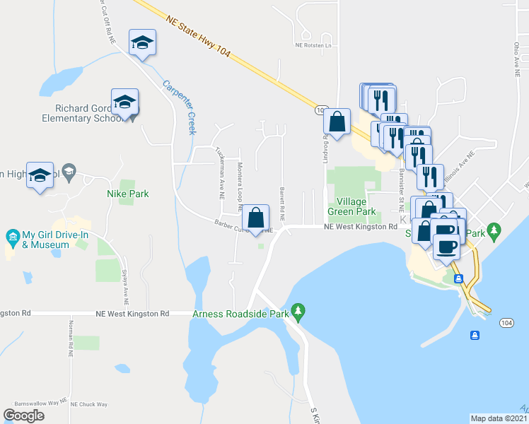 map of restaurants, bars, coffee shops, grocery stores, and more near 25992 Barber Cut Off Road Northeast in Kingston