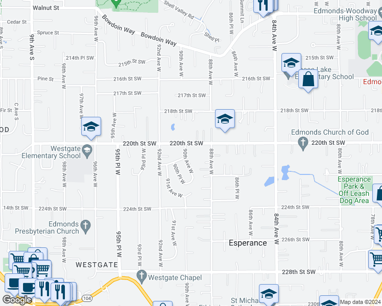 map of restaurants, bars, coffee shops, grocery stores, and more near 22017 90th Avenue West in Edmonds