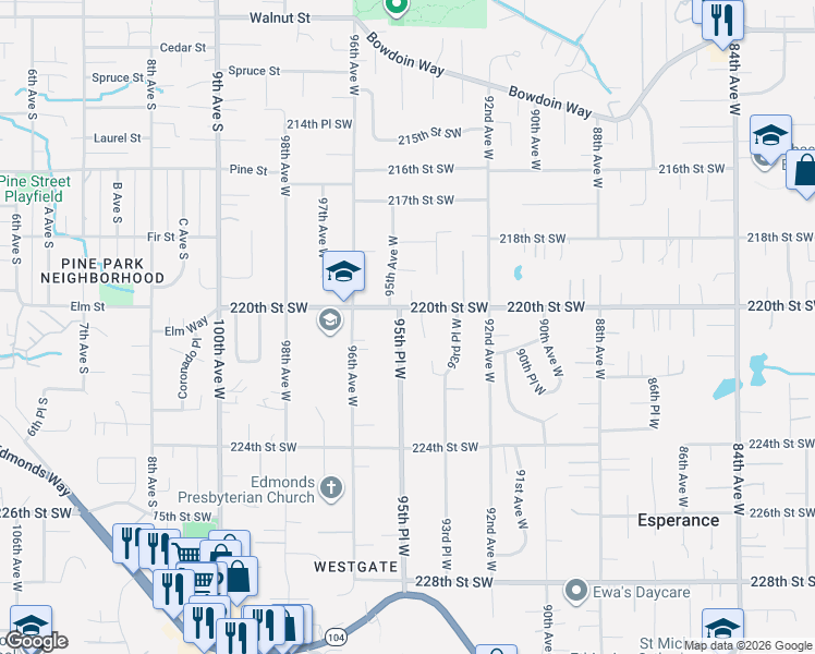 map of restaurants, bars, coffee shops, grocery stores, and more near 22017 95th Place West in Edmonds