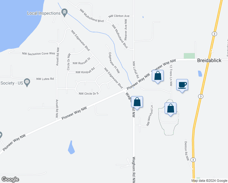 map of restaurants, bars, coffee shops, grocery stores, and more near 26049 Pioneer Way Northwest in Poulsbo
