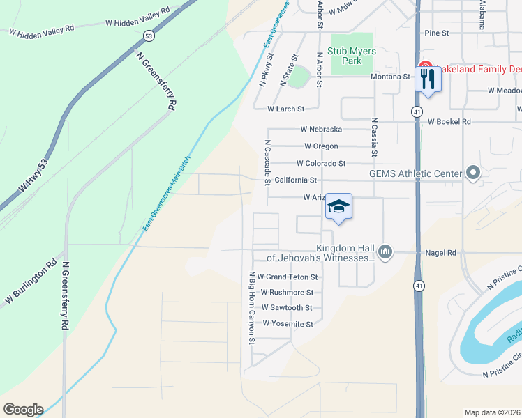 map of restaurants, bars, coffee shops, grocery stores, and more near 13987 Cascade Street in Rathdrum