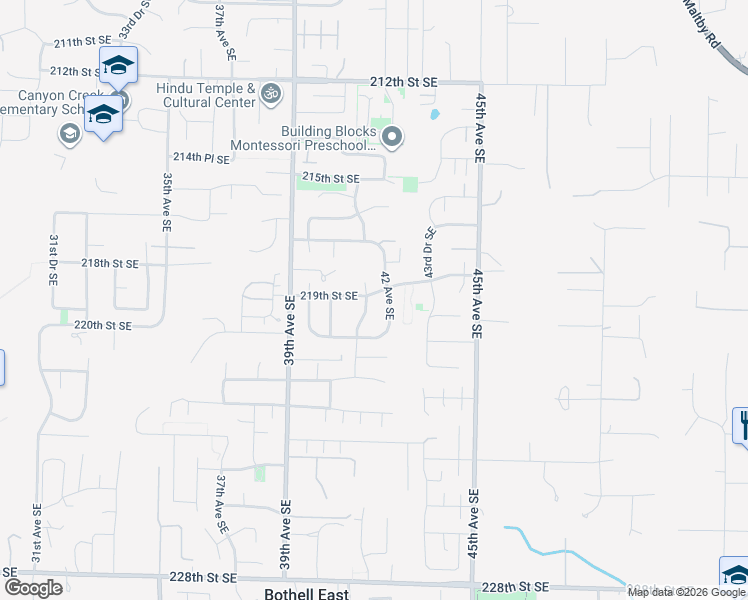 map of restaurants, bars, coffee shops, grocery stores, and more near 21914 41st Avenue Southeast in Bothell