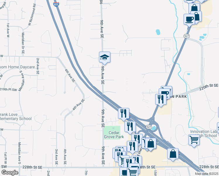 map of restaurants, bars, coffee shops, grocery stores, and more near 21915 9th Avenue Southeast in Bothell