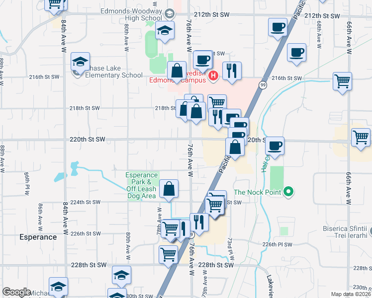 map of restaurants, bars, coffee shops, grocery stores, and more near 22018 76th Avenue West in Edmonds