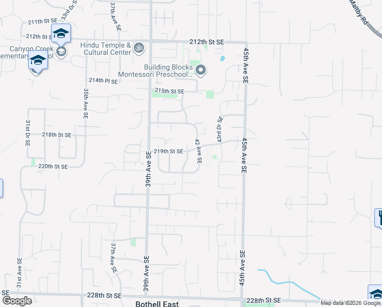 map of restaurants, bars, coffee shops, grocery stores, and more near 21914 41st Avenue Southeast in Bothell