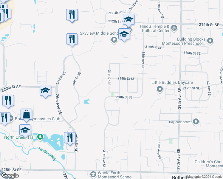 map of restaurants, bars, coffee shops, grocery stores, and more near 21832 31st Drive Southeast in Bothell