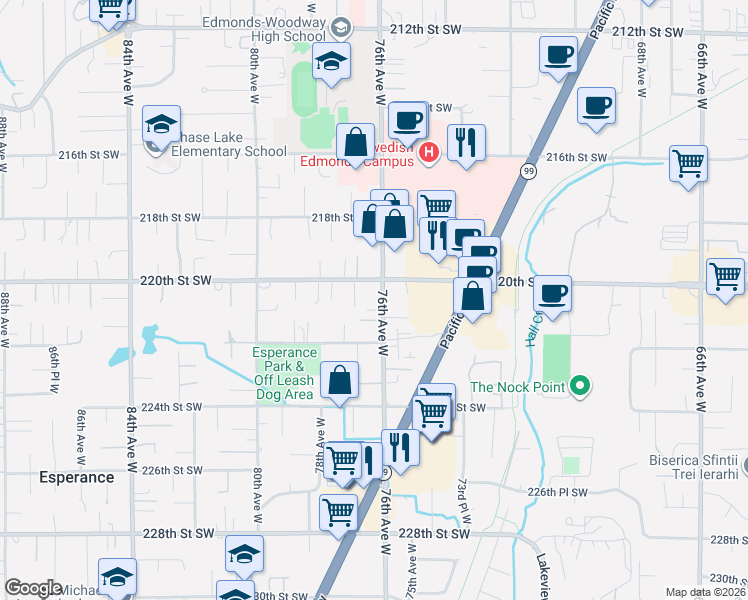 map of restaurants, bars, coffee shops, grocery stores, and more near 22015 76th Avenue West in Edmonds