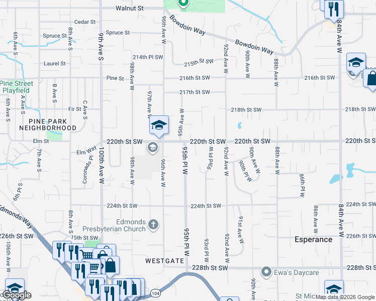 map of restaurants, bars, coffee shops, grocery stores, and more near 22017 95th Place West in Edmonds