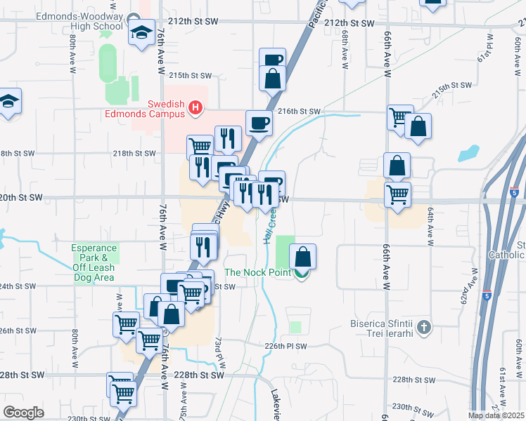 map of restaurants, bars, coffee shops, grocery stores, and more near 7076-7112 220th Street Southwest in Mountlake Terrace