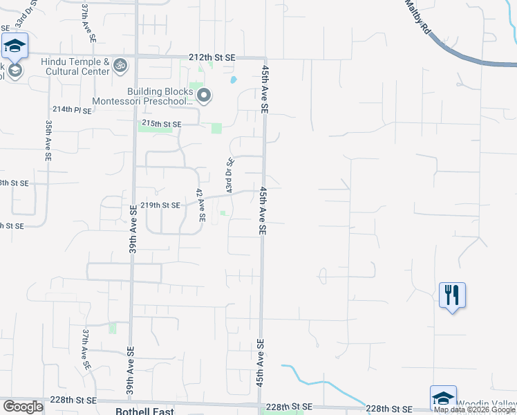map of restaurants, bars, coffee shops, grocery stores, and more near 4427 219th Place Southeast in Bothell