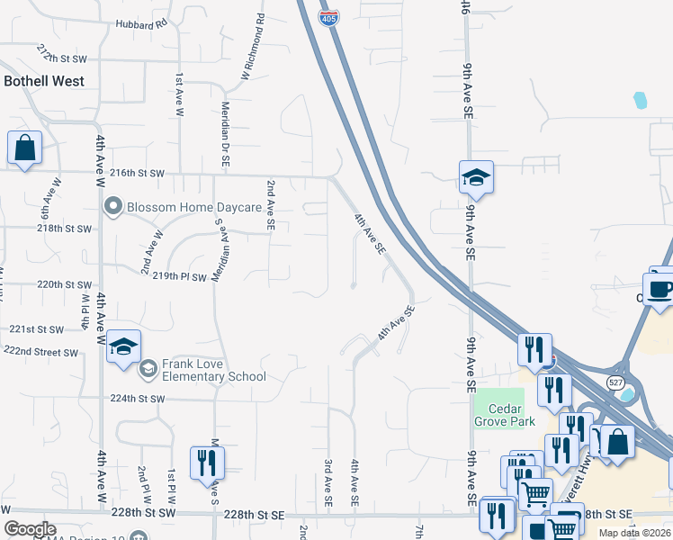 map of restaurants, bars, coffee shops, grocery stores, and more near 21907 3rd Avenue Southeast in Bothell