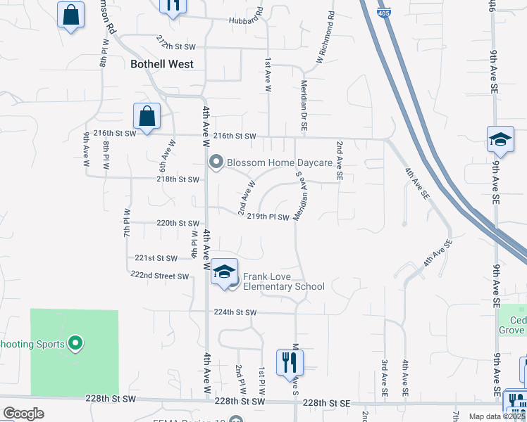 map of restaurants, bars, coffee shops, grocery stores, and more near 21911 1st Place West in Bothell