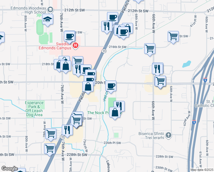 map of restaurants, bars, coffee shops, grocery stores, and more near 7076 220th Street Southwest in Mountlake Terrace