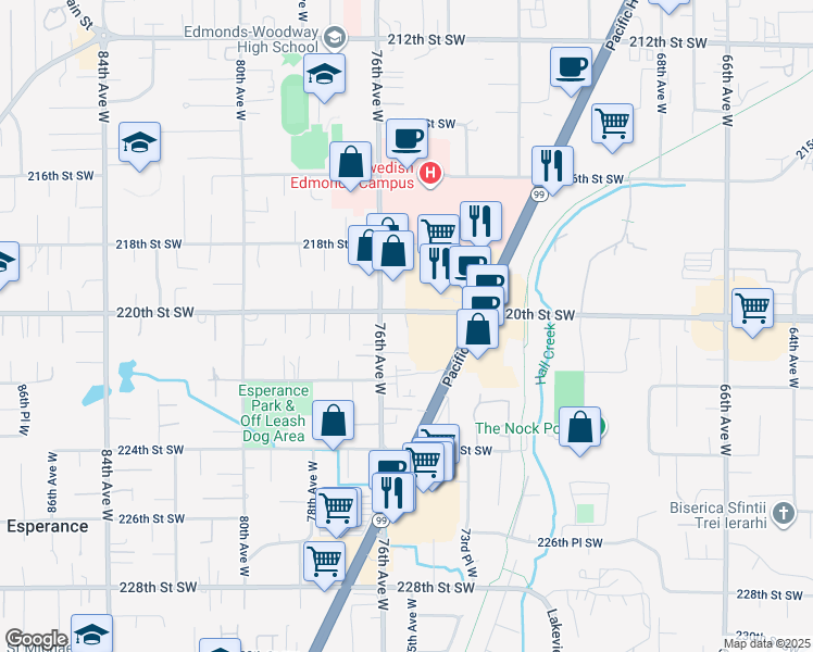 map of restaurants, bars, coffee shops, grocery stores, and more near 22020 Highway 99 in Edmonds