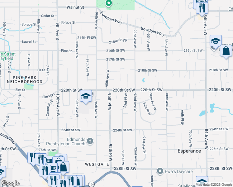 map of restaurants, bars, coffee shops, grocery stores, and more near 22017 95th Place West in Edmonds