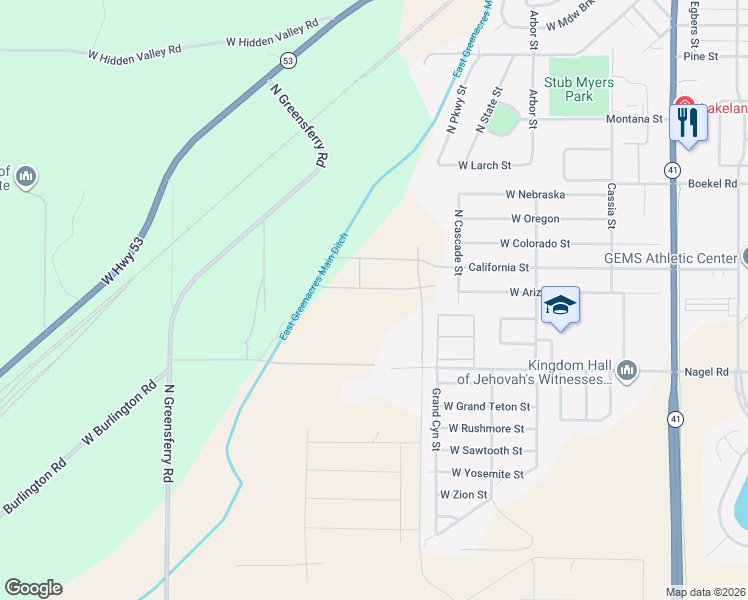 map of restaurants, bars, coffee shops, grocery stores, and more near 8957 W Nagel Lane in Rathdrum