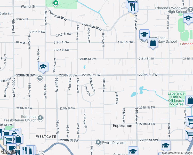 map of restaurants, bars, coffee shops, grocery stores, and more near 22017 90th Avenue West in Edmonds