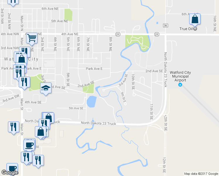 map of restaurants, bars, coffee shops, grocery stores, and more near 3rd Avenue Southeast in Watford City